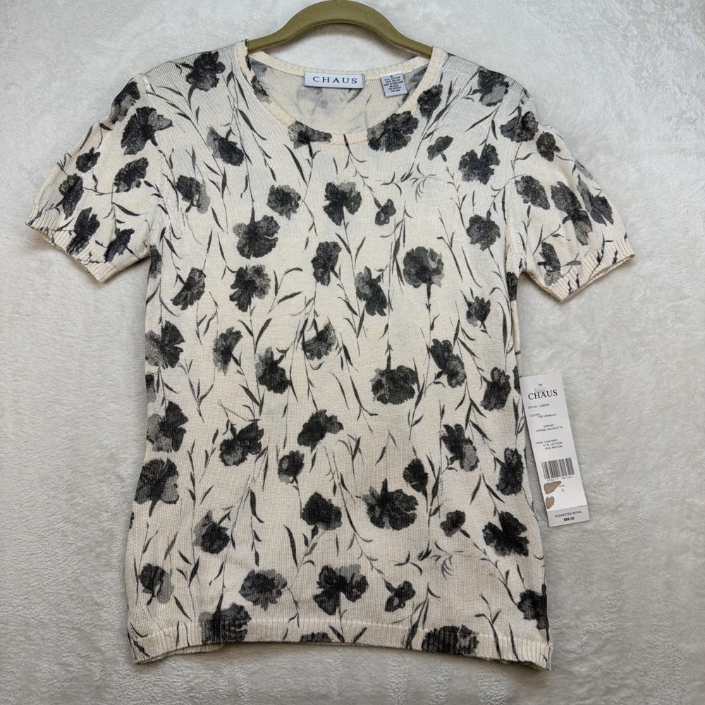 Chaus Floral Knit Top Women's XL Ivory Black Short‎ Sleeve Office Career